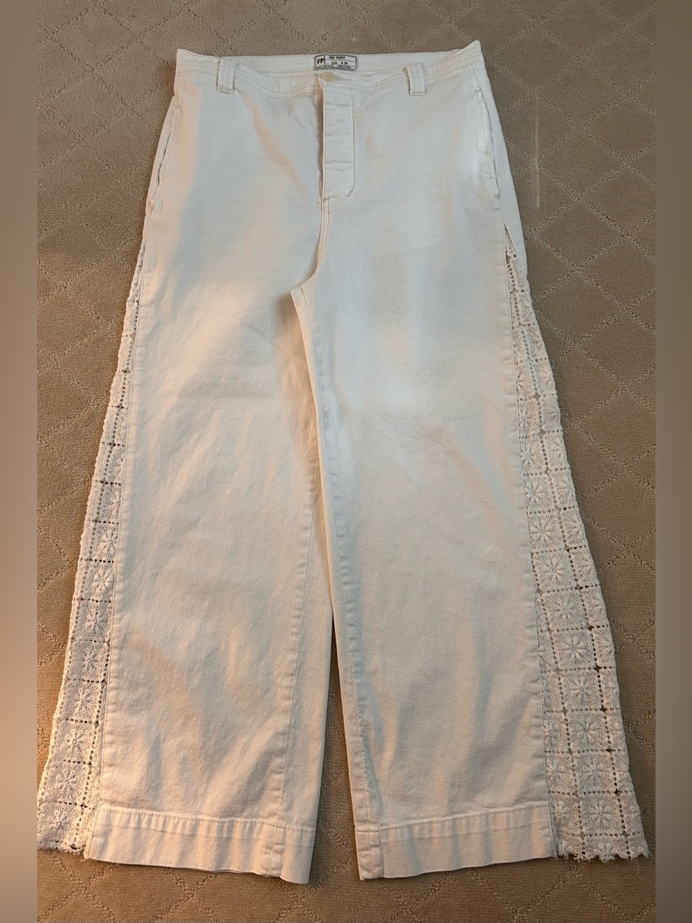 Free People Off Women’s White Crochet-Trim Wide Leg Jeans